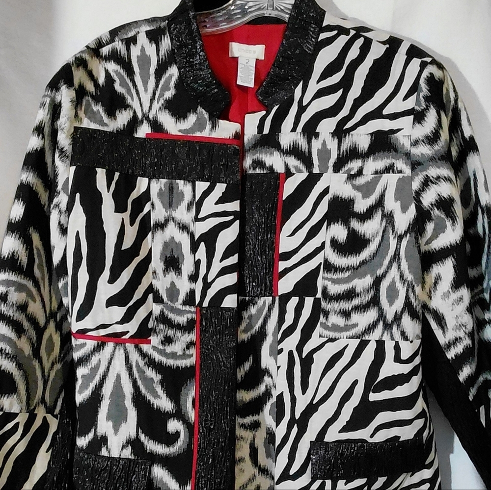 Chico's Black and White Zebra Jacket with Red Lining